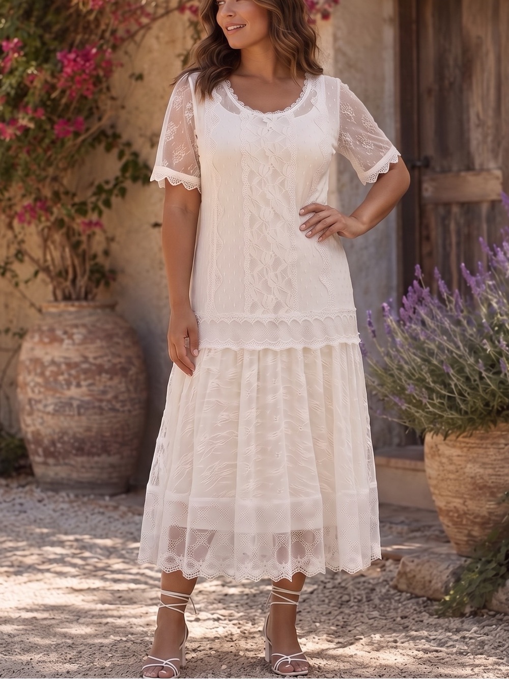 VINTAGE SUE BRETT Lace Dropped Waist Midi Dress